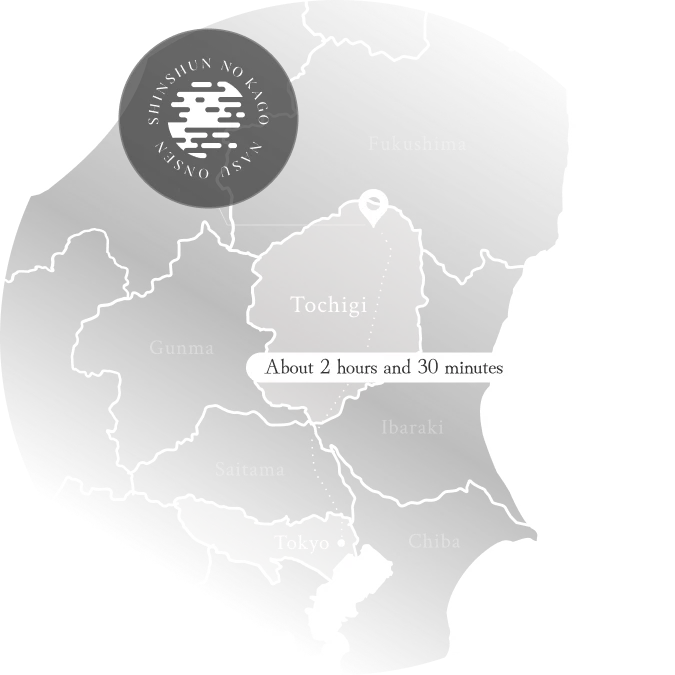 Image: Map showing about 2 hours and 30 minutes from Tokyo to Nasu Onsen
